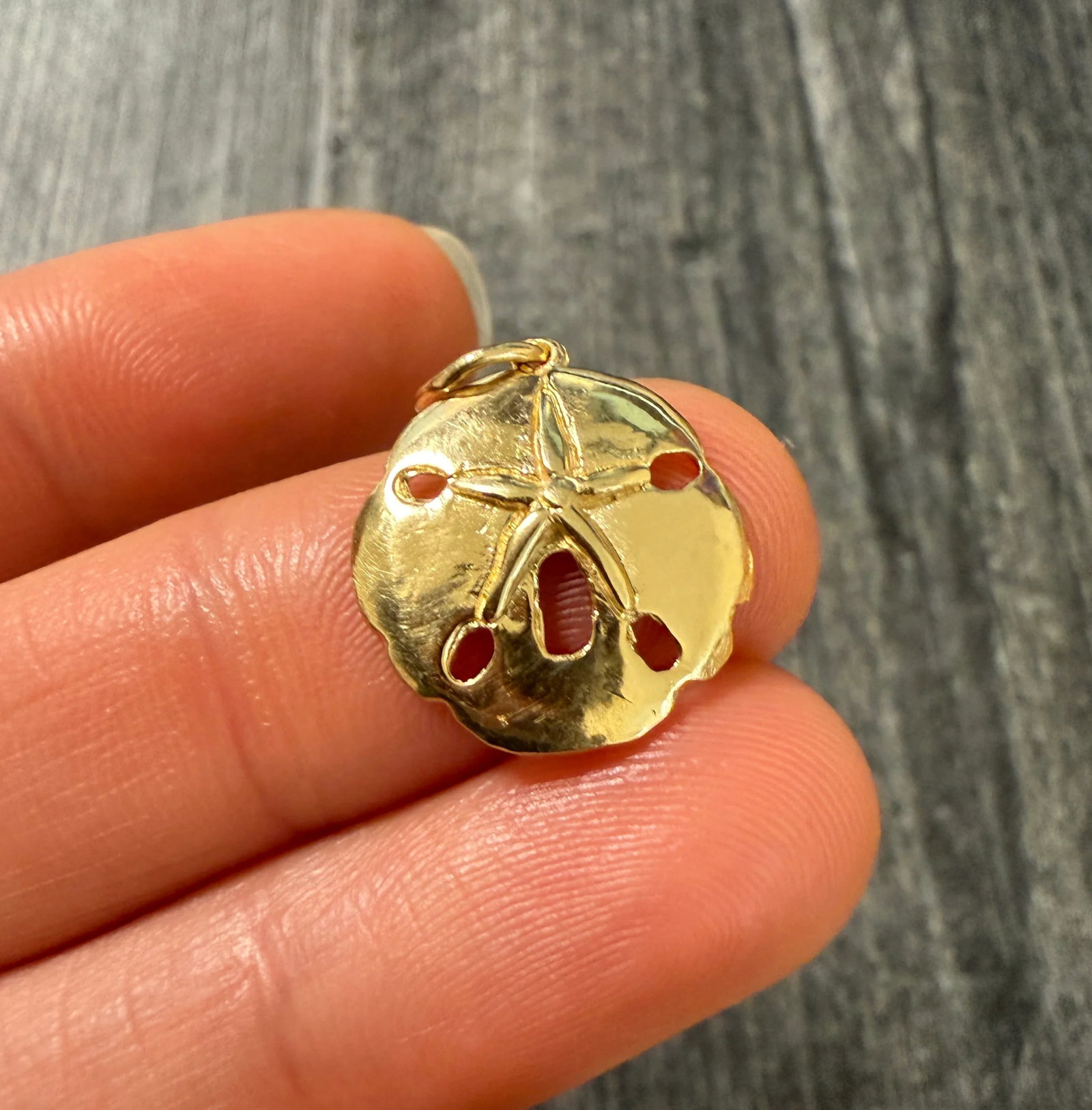 14K Gold Sand Dollar Beach Charm: Metal: 14K Yellow Gold Weight: 1.8 gramsMeasurements: 0.7 inch diameter Markings: "14K"Condition: In very good condition with some minor surface wear consistent with age.
