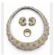 French 18K Yellow & White Gold GIA Certified Fancy Yellow Diamond Necklace Ring and Earring Set: Elite French-crafted estate jewelry suite in mixed 18K yellow and white gold, featuring GIA certified fancy yellow diamonds across a matching necklace, ring, and earring set.