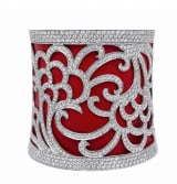 18K White Gold & Diamond Cuff w/ Replacement Color Sleeves: Contemporary 18K white gold statement cuff bracelet pavé-set with diamonds, featuring interchangeable colored inner sleeves.
