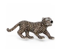 18K White Gold Champagne Diamond Panther Brooch: Figural panther brooch sculptural design in 18K white gold, meticulously pavé-set with warm champagne diamonds.