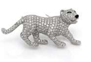 18K White Gold Diamond & Tsavorite Garnet Panther Brooch: Exquisite 18K white gold panther brooch detailed with brilliant white diamonds and striking green tsavorite garnet accents.