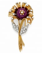 French 18K Yellow Gold Ruby & Diamond Flower Brooch (1 of 1)