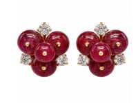 1960’s OLGA TRITT 18K Yellow Gold Ruby & Diamond Earrings: Important vintage 1960s designer earrings by Olga Tritt, sculpted in 18K yellow gold with fine rubies and diamonds.