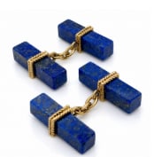 French 18K Yellow Gold Lapis Lazuli Cufflinks: Fine French-crafted cufflinks sculpted in 18K yellow gold and inlaid with polished deep blue lapis lazuli.