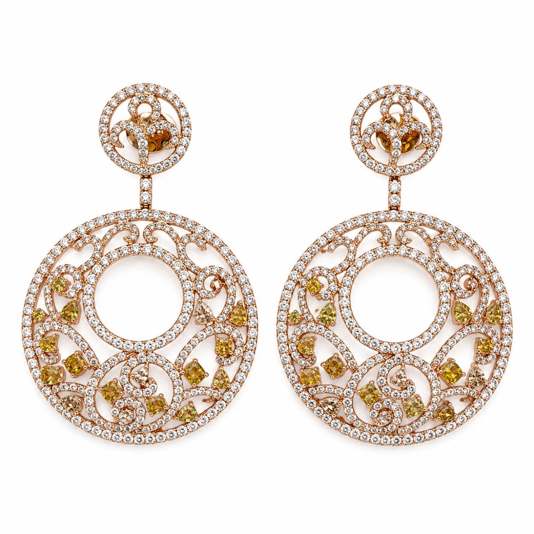 ODELLA 18K Rose Gold Natural Color Diamond Earrings: Designer signed luxury drop earrings by Odella, finely crafted in 18K rose gold and set with rare, natural colored diamonds.