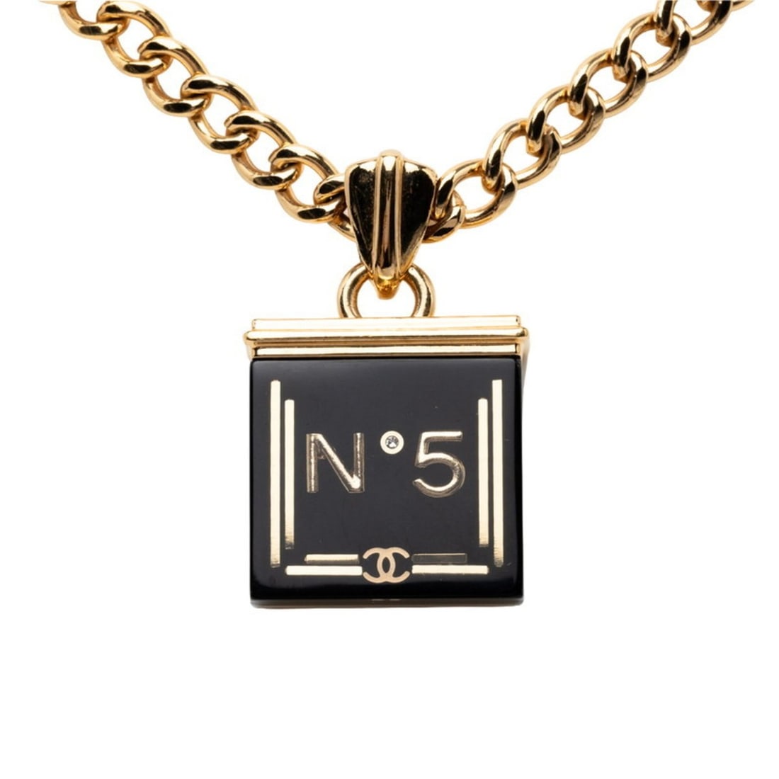 Chanel Coco Mark No. 5 Chain Necklace, Gold and Black Plated, Resin, Women's CHANEL: --- Catalog ---Category: SizePendant Size: 28.7mm x 23.7mm / 1.12'' x 0.93''Neck Circumference: 45.5 cm / 17.91''Category: DesignColor: Black, GoldGender: WomenMaterial: ResinNecklace Type: NecklaceCa