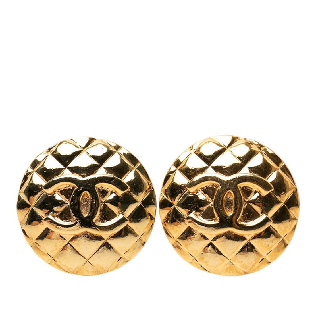Chanel Coco Mark Matelassé Round Earrings, Gold Plated, Women's CHANEL: --- Catalog ---Category: SizeSize (HxWxD): 35.10mm x 35.10mm / 1.38'' x 1.38''Category: DesignType: Clip earringsColor: GoldGender: WomenCategory: GeneralBrand: Chanel--- Item List ---Section: Conditi
