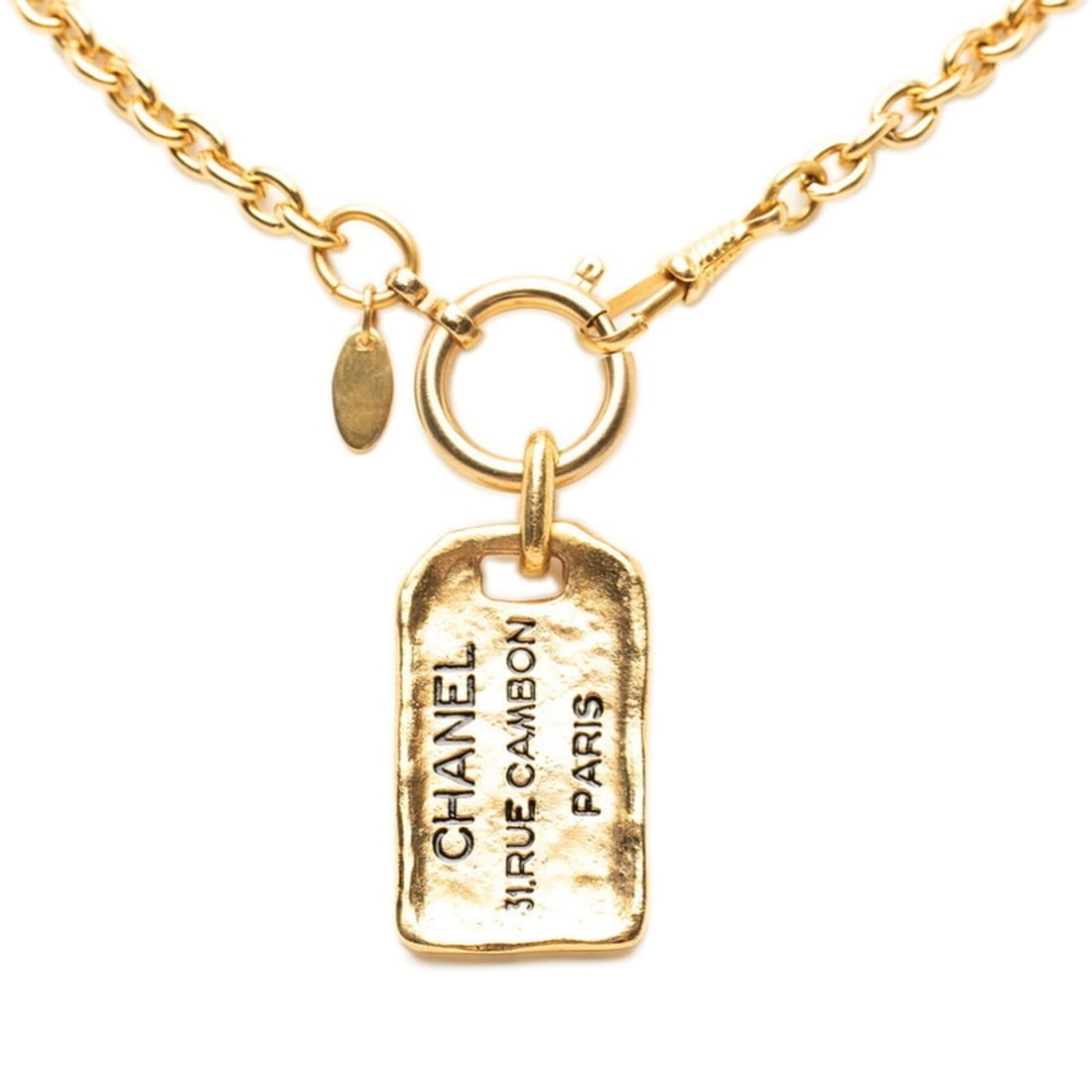 Chanel 31 Rue Cambon Chain Plate Pendant Necklace, Gold Plated, Women's.: --- Catalog ---Category: SizePendant Size: 50.3mm x 23.8mm / 1.98'' x 0.93''Neck Circumference: 90 cm / 35.43''Category: DesignColor: GoldGender: WomenNecklace Type: NecklaceCategory: GeneralBrand: Ch