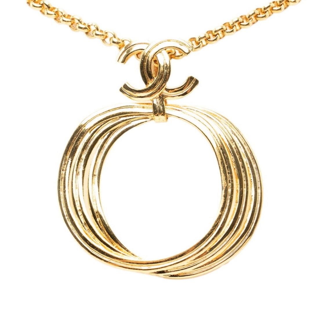Chanel Coco Mark Turnlock Triple Hoop Chain Pendant Necklace, 96P Stamped, Gold Plated, Women's.: --- Catalog ---Category: SizePendant Size: 73mm x 63.5mm / 2.87'' x 2.49''Neck Circumference: 81 cm / 31.88''Category: DesignColor: GoldGender: WomenPendant Type: PendantNecklace Type: Pendant necklac