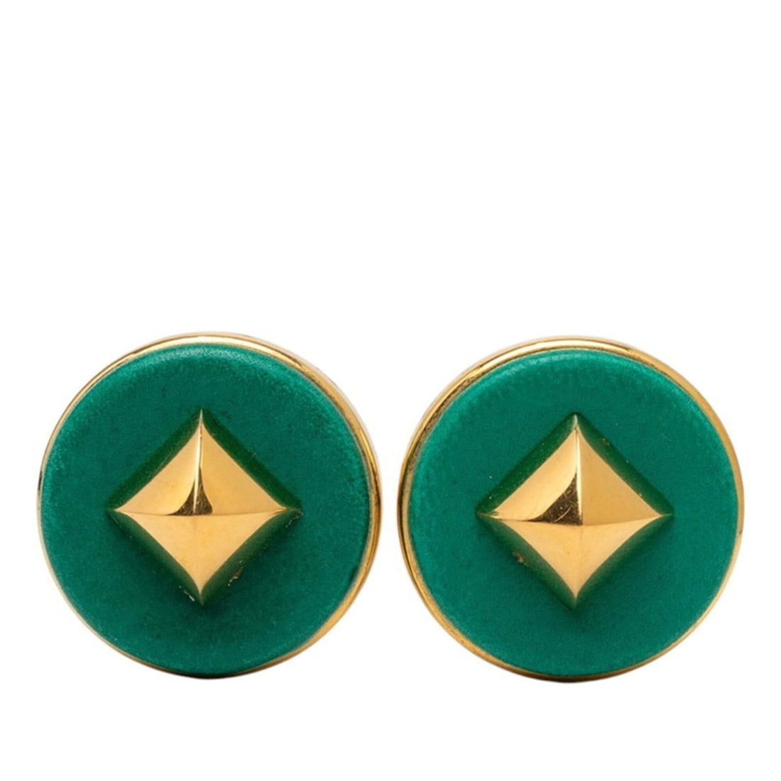 Hermes Sellier Medor Round Circle Earrings, Gold and Green Plated Leather, Women's HERMES: --- Catalog ---Category: SizeSize (HxWxD): 34.70mm x 34.70mm / 1.37'' x 1.37''Category: DesignType: Clip earringsColor: Gold, GreenGender: WomenMaterial: LeatherCategory: GeneralBrand: Hermes--- Item