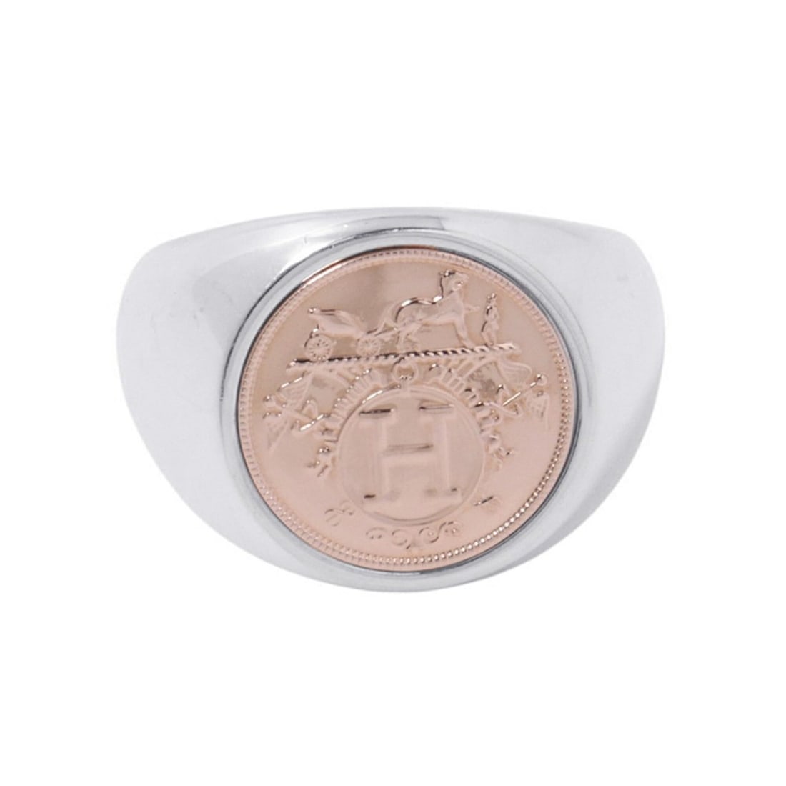 Hermes ring, Ex-Libris Chevalier SV925 silver, 18KPG pink gold, ring size 54. HERMES ring.: --- Catalog ---Category: SizeUS Size: 7Brand Size: 54Category: DesignType: Band ringGender: WomenMaterial: Pink gold (18K), Silver 925Category: GeneralBrand: HermesCountry of Origin: France--- Item Li