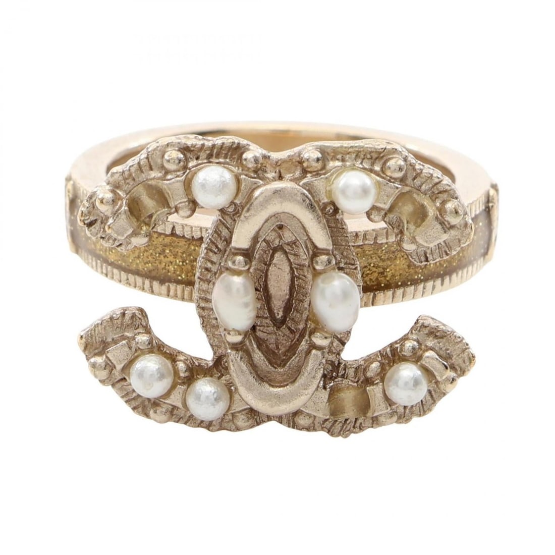 Chanel Coco Mark Ring - Gold Plated (GP) Faux Pearl Women's Gold/White Tones: --- Catalog ---Category: SizeJP Size: 12.5US Size: 6.5Category: DesignType: Band ringColor: Gold, WhiteGender: WomenMaterial: Gold platingCategory: GeneralBrand: Chanel--- Item List ---Section: Condit
