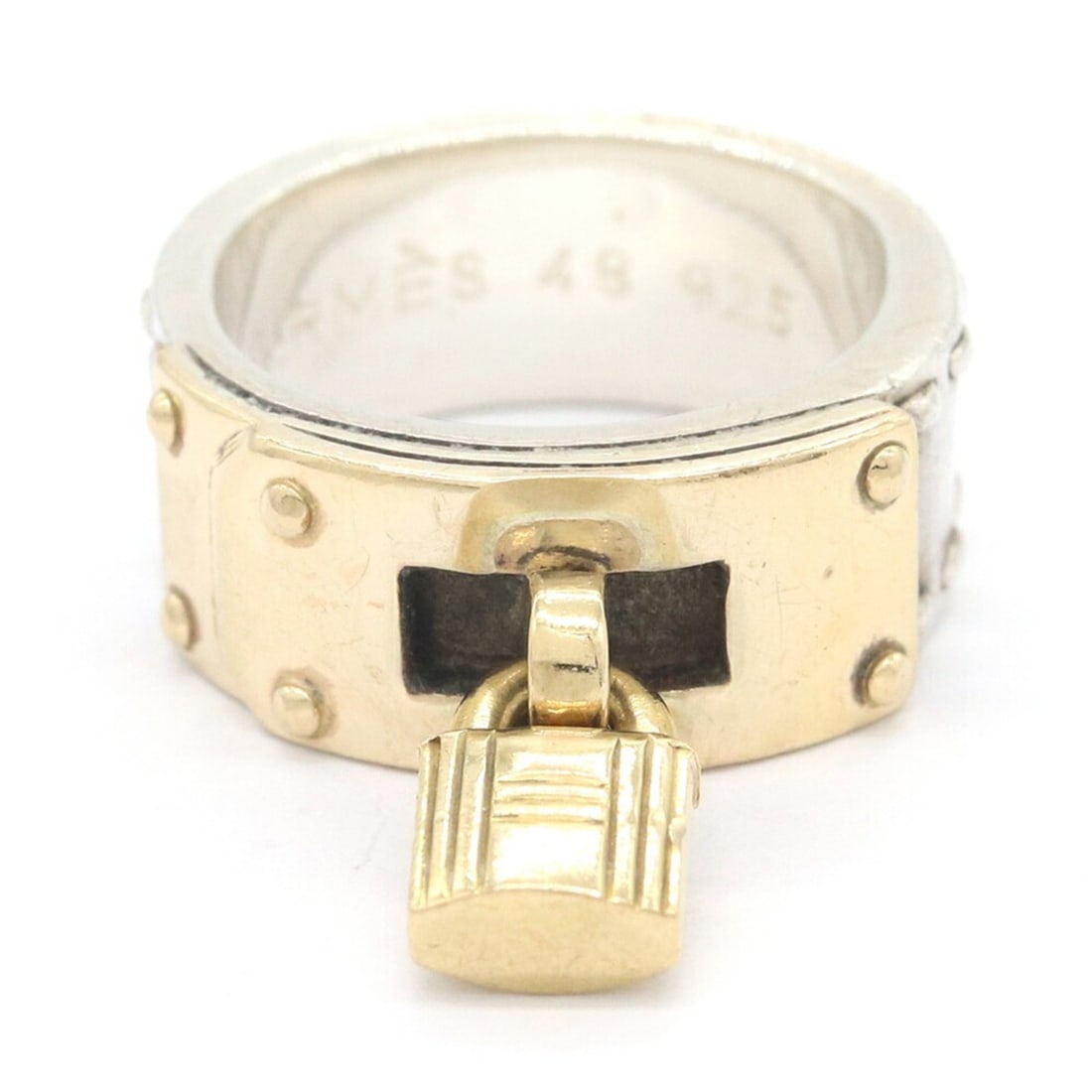 Hermes Kelly Ring, Sterling Silver 925 & Yellow Gold, Size 48, Combination Hallmarked, Women's.: --- Catalog ---Category: SizeUS Size: 4.5Brand Size: 48Category: DesignType: Band ringGender: WomenMaterial: Sterling silver 925, Yellow gold (18K)Category: GeneralBrand: Hermes--- Item List ---Sectio