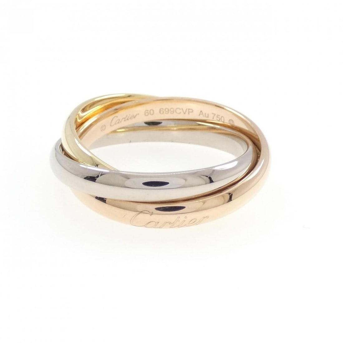 Cartier Trinity Ring: --- Catalog ---Category: SizeJP Size: 20US Size: 10Category: DesignType: Band ringColor: Pink gold, White gold, Yellow goldGender: WomenMaterial: Pink gold (18K), White gold (18K), Yellow gold