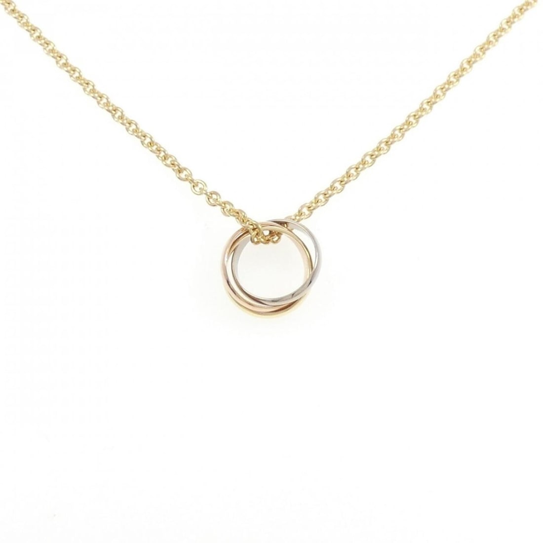 Cartier Trinity Necklace: --- Catalog ---Category: SizePendant Size: 12mm x 12mm / 0.47'' x 0.47''Neck Circumference: 42 cm / 16.53''Category: DesignColor: Pink gold, White gold, Yellow goldGender: WomenMaterial: Pink gold