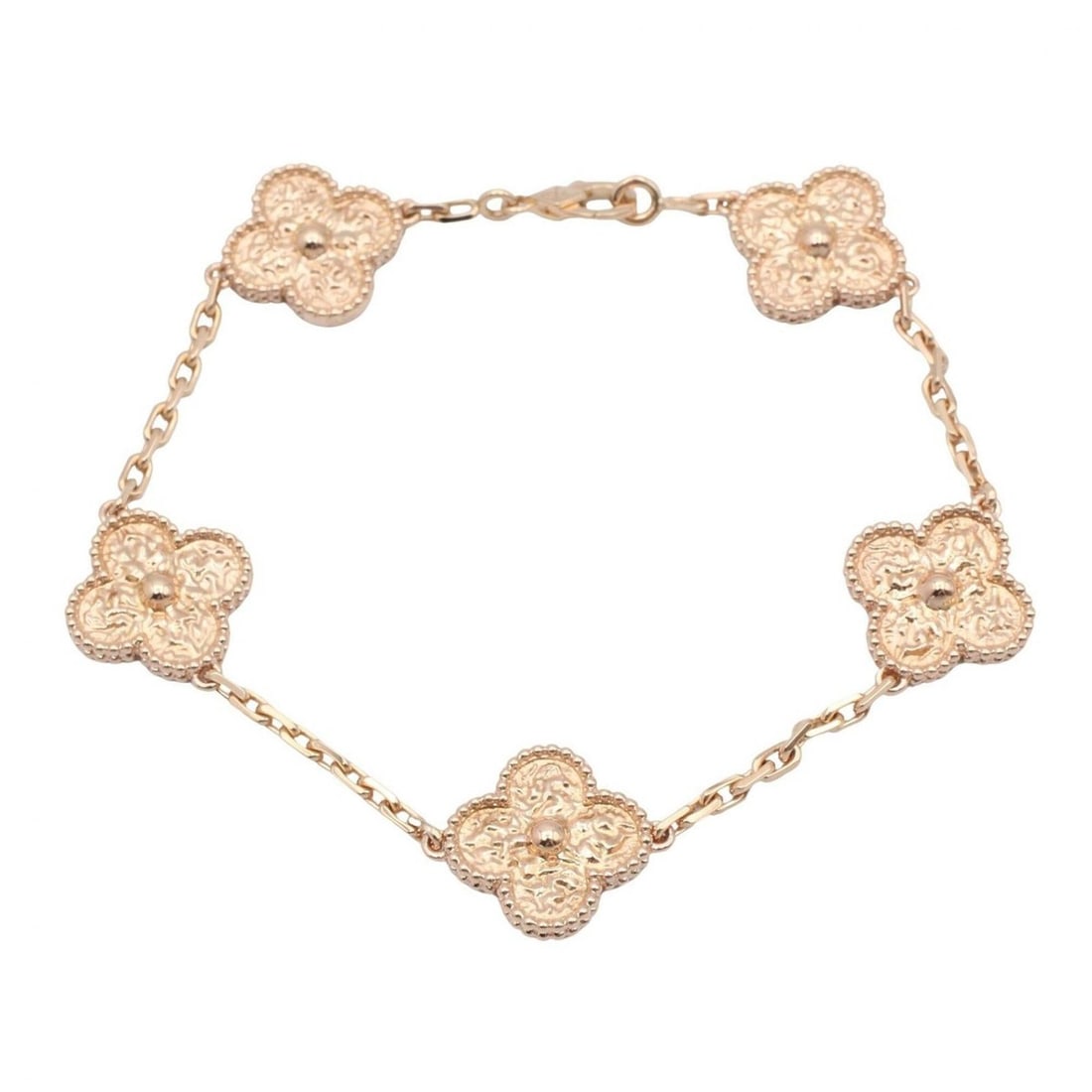 Van Cleef & Arpels Vintage Alhambra 5-Motif Bracelet, 18K Pink Gold (PG), Women's, Tone, VCARN9T300: --- Catalog ---Category: SizeLength: 18cm / 7.08''Category: DesignType: Charm braceletColor: GoldGender: WomenMaterial: Pink gold (18K)Category: GeneralMPN: VCARN9T300Brand: Van Cleef & Arpels---