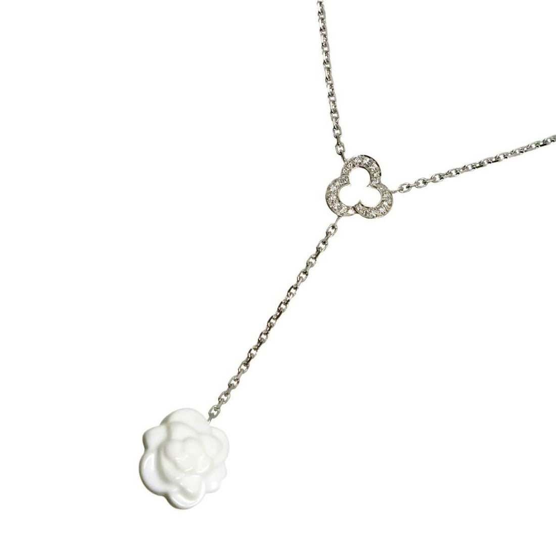 Chanel Camellia Diamond Necklace, 41.5cm, 18K White Gold (750), Agate Flower. (1 of 8)