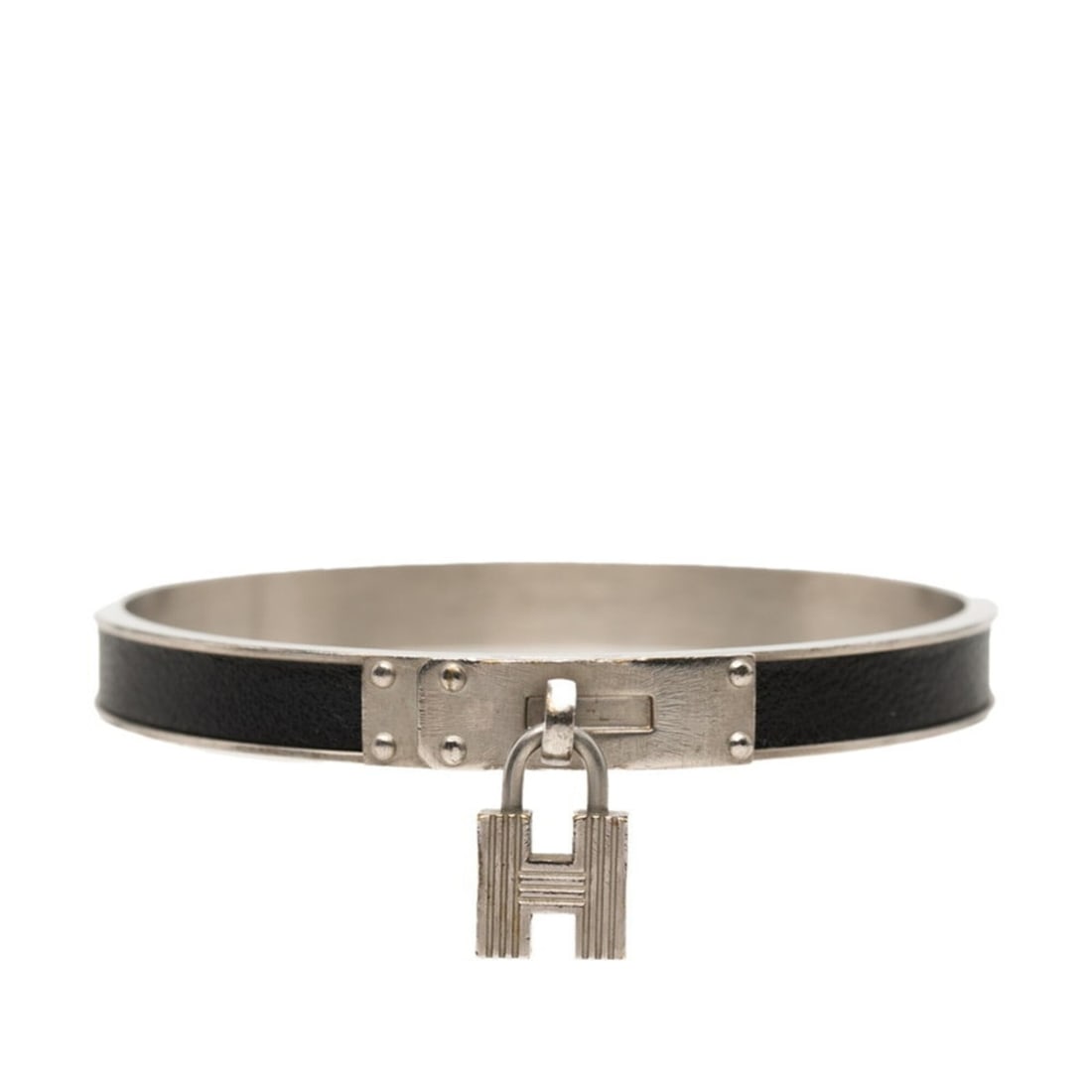 Hermes Kelly Bangle with Padlock Motif, Silver and Black Metal Leather, Women's HERMES: --- Catalog ---Category: SizeLength: 19cm / 7.48''Category: DesignType: BangleColor: Black, SilverGender: WomenMaterial: Leather, MetalCategory: GeneralBrand: Hermes--- Item List ---Section: Condition