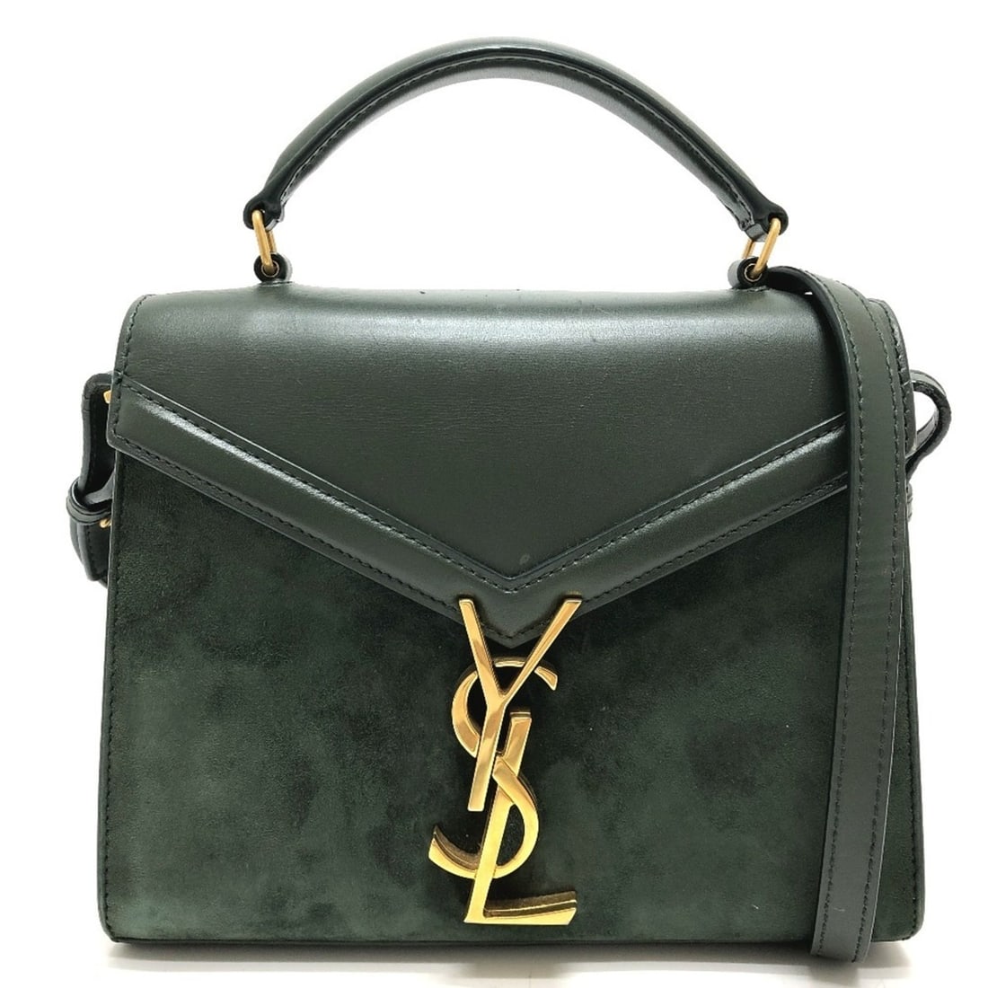 Yves Saint Laurent SAINT LAURENT PARIS 602716 Cassandra Mini Top Handle Bag, 2-Way Crossbody: --- Catalog ---Category: SizeSize (HxWxD): 16cm x 20cm x 7cm / 6.29'' x 7.87'' x 2.75''Category: DesignType: HandbagColor: GreenGender: WomenMaterial: Leather , Suede Category: GeneralBrand: Yves Sain