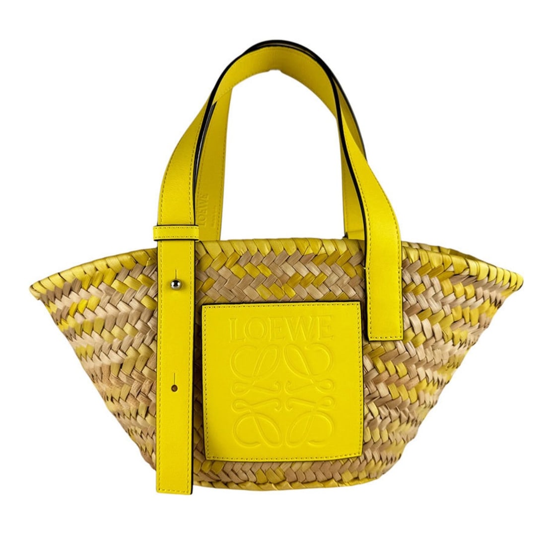 Loewe handbag, basket bag, small, straw, leather, yellow, beige, silver, women's, z10095: --- Catalog ---Category: SizeSize (HxWxD): 18cm x 35cm x 12cm / 7.08'' x 13.77'' x 4.72''Category: DesignType: Basket, HandbagColor: Beige, YellowGender: WomenMaterial: Straw , Leather Category: Gener