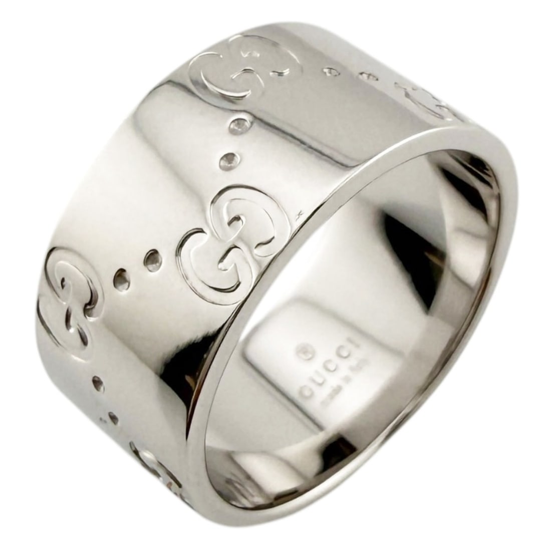 Gucci Icon Wide Ring, 18K White Gold, Women's: --- Catalog ---Category: SizeJP Size: 9.5US Size: 5Category: DesignType: Band ringGender: WomenMaterial: White gold (18K)Category: GeneralBrand: GucciCountry of Origin: Italy--- Item List ---Section: