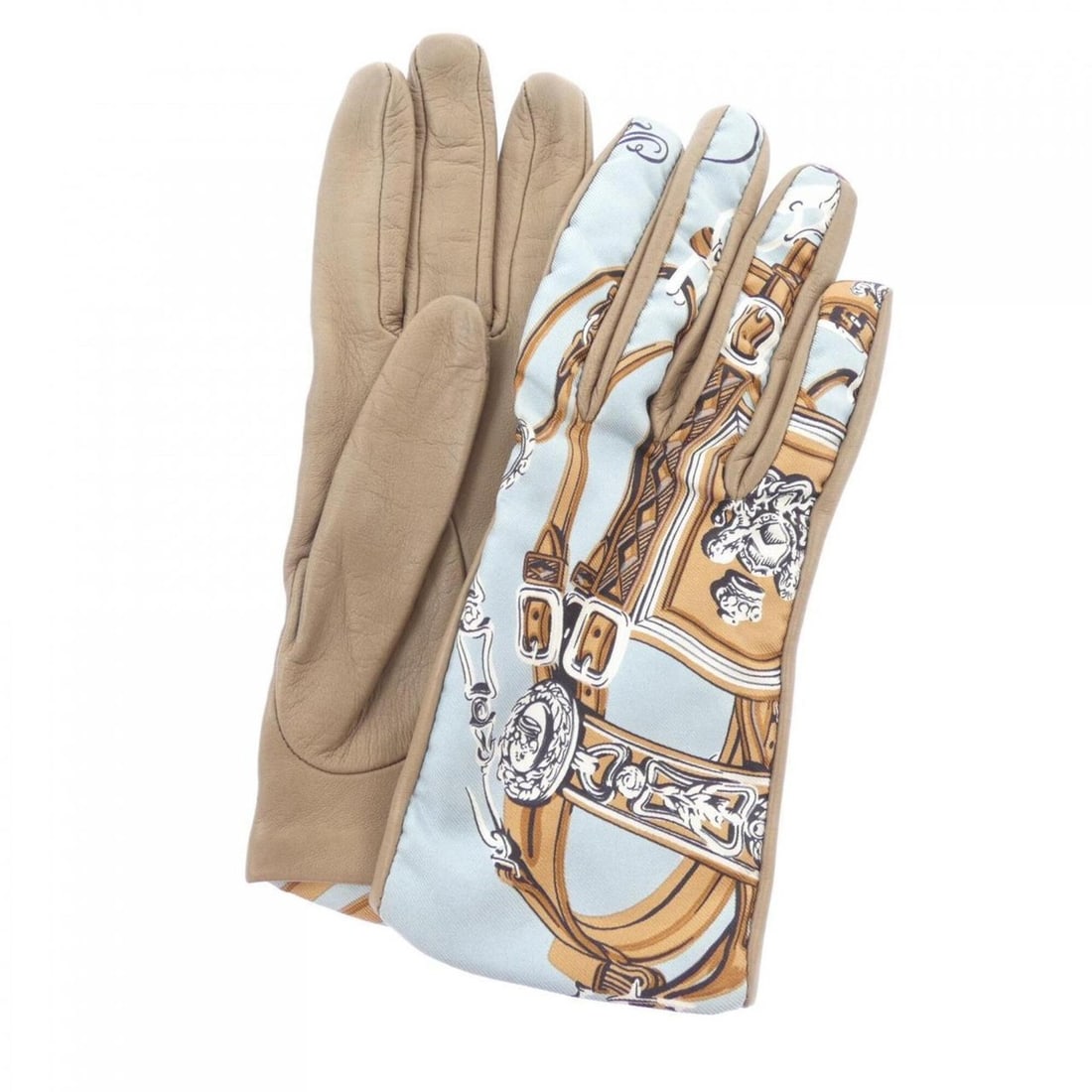 Hermes gloves: --- Catalog ---Category: SizeHand Width: 16cm / 6.29''Total Length: 20cm / 7.87''Category: DesignType: Warm glovesColor: Blue, BrownCategory: GeneralBrand: Hermes--- Item List ---Section: