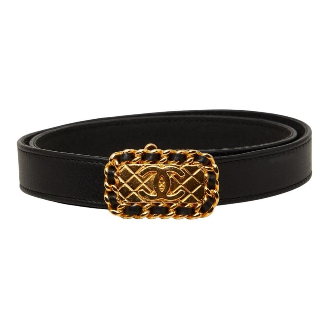 Chanel Coco Mark Matelassé Belt, Size 70 (28cm), Black and Gold Leather, Women's. (1 of 10)