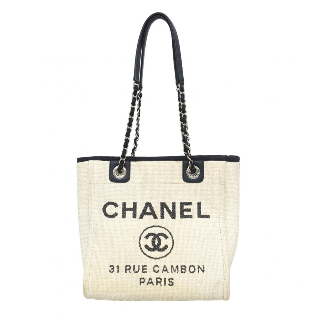Chanel Deauville Raffia Chain Tote Bag (White/Navy) - Women's (1 of 9)