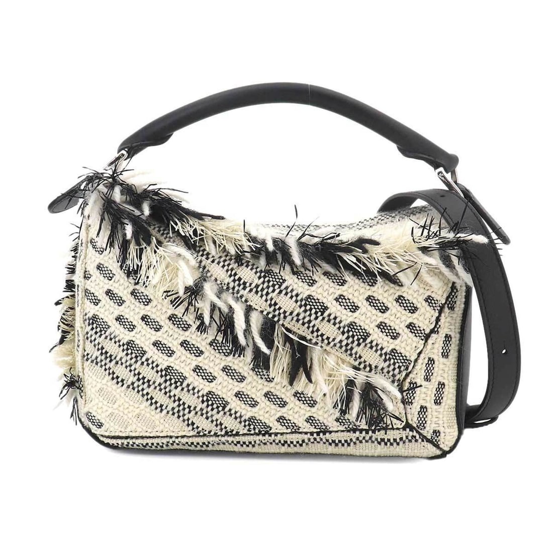 Loewe Puzzle Bag Small 2-way Handbag Shoulder Cotton Yarn White Black A510S21XCJ: --- Catalog ---Category: SizeSize (HxWxD): 18cm x 24cm x 10.5cm / 7.08'' x 9.44'' x 4.13''Category: DesignType: HandbagColor: Black, WhiteGender: WomenMaterial: Cotton , Leather Category: GeneralMPN: 