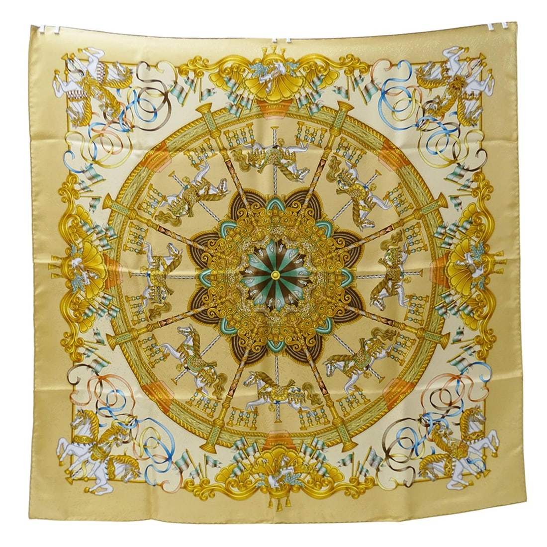 Hermes scarf/muffler for women, brand name, Carre 90, Luna Park design, silk, beige. (1 of 10)