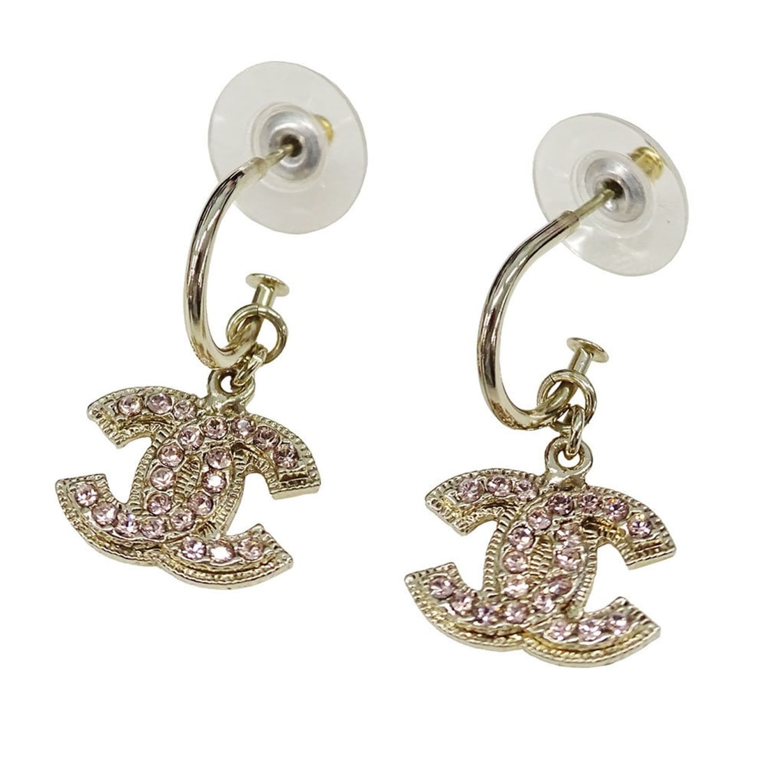Chanel earrings for women, brand name, rhinestone, pink gold, accessory.: --- Catalog ---Category: SizeSize (HxWxD): 30.70mm x 16.30mm / 1.21'' x 0.64''Category: DesignType: Stud earringsColor: Pink goldStone: RhinestoneGender: WomenCategory: GeneralBrand: ChanelCountry of 