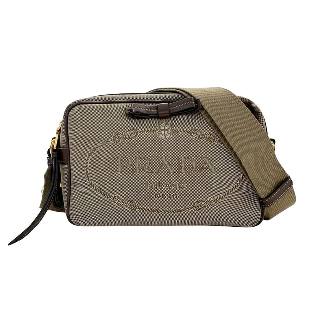 Prada handbag for women, brand name, jacquard, nylon canvas, shoulder bag, beige/brown, 1BH089, (1 of 13)