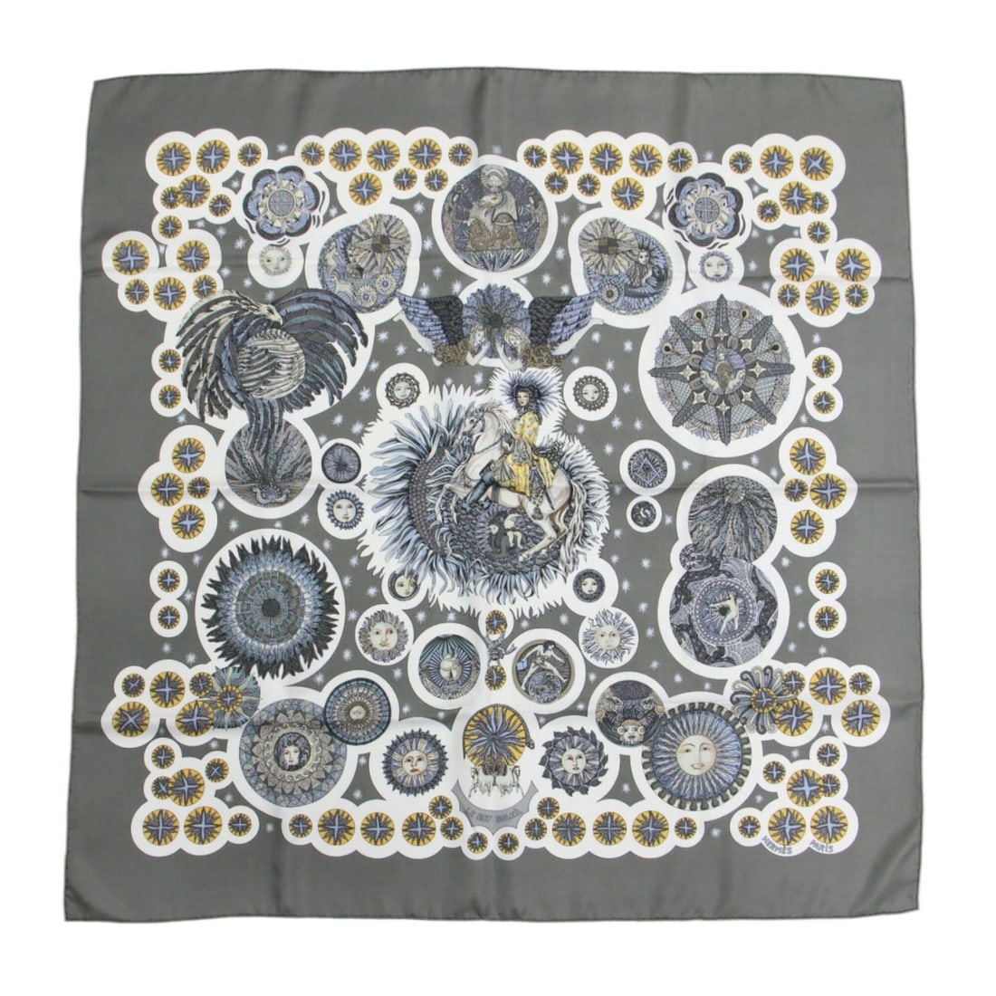 HERMES Carre 90 LE ROY SOLEIL (Sun King) Silk Scarf/Muffler, Large Size, Printed, Gray, Women's: --- Catalog ---Category: SizeSize (LxW): 88cm x 88cm / 34.64'' x 34.64''Category: DesignType: ScarfColor: GrayGender: WomenMaterial: Silk 100%Category: GeneralBrand: HermesCountry of Origin: France---