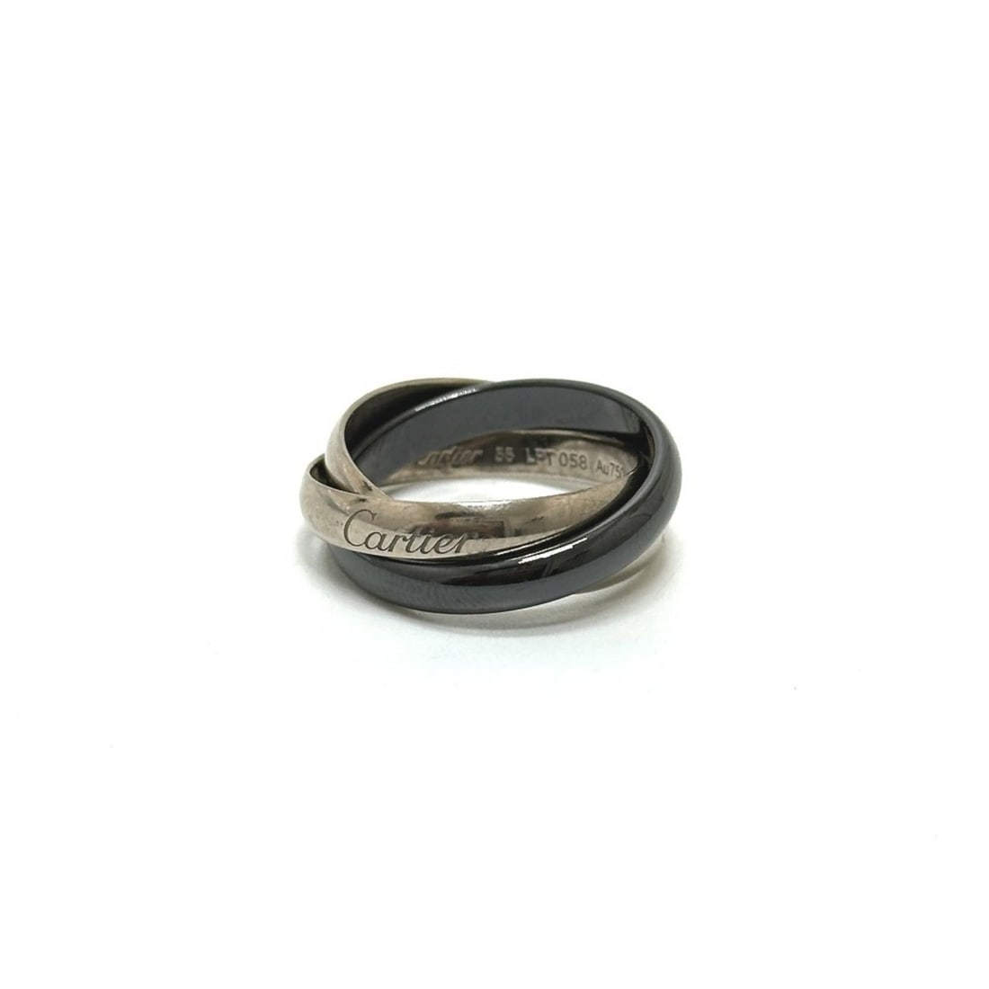 CARTIER Trinity Ceramic Ring, 18K White Gold, Ceramic, Women's, Silver, Size 1: --- Catalog ---Category: SizeUS Size: 7.5Brand Size: 55Category: DesignType: Band ringColor: Black, White goldGender: WomenMaterial: Ceramic, White gold (18K)Category: GeneralBrand: Cartier--- Item Li