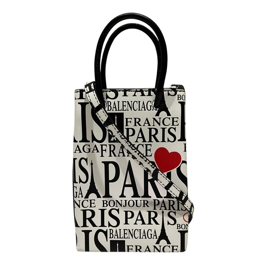 Balenciaga Bonjour Paris Shopping Phone Holder Handbag Leather 593826: --- Catalog ---Category: SizeSize (HxWxD): 18cm x 12.5cm x 4.5cm / 7.08'' x 4.92'' x 1.77''Strap Length: 98cm - 126cm / 38.58'' - 49.6''Handle Length: 23cm / 9.05''Category: DesignType: HandbagColor: