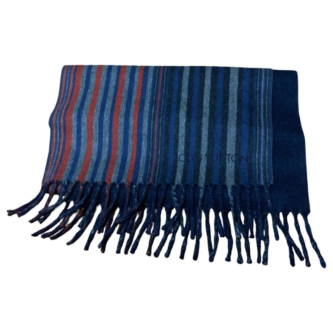 LOUIS VUITTON Louis Vuitton Striped Double-Faced Cashmere Wool Fringe Scarf Navy Men's: --- Catalog ---Category: SizeSize (LxW): 1.52m x 35cm / 60.03'' x 13.77''Category: DesignType: StoleColor: Black, Gray, Navy, Red colorGender: MenMaterial: Cashmere 75%, Wool 25%Category: GeneralBrand