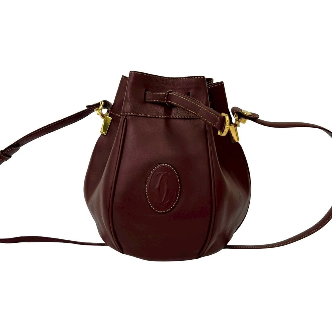 CARTIER Vintage Must Line Logo Leather Drawstring Shoulder Bag, Wine Red/Bordeaux, 450-5 (1 of 10)