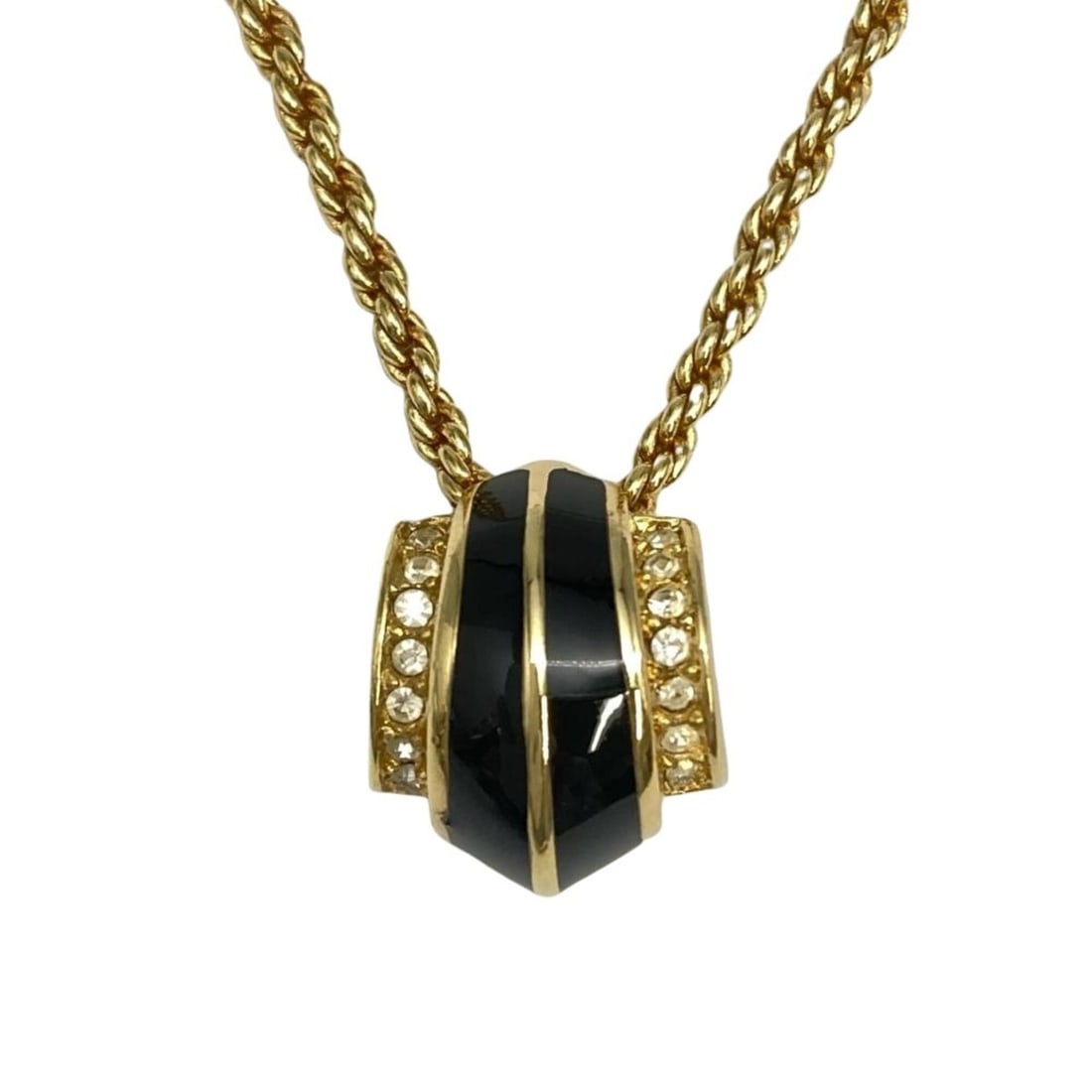 Christian Dior rhinestone necklace, gold enamel, CD logo, for women.: --- Catalog ---Category: SizePendant Size: 16mm x 13mm / 0.62'' x 0.51''Neck Circumference: 45 cm / 17.71''Category: DesignColor: GoldGender: WomenMaterial: Enamel, Gold platingNecklace Type: