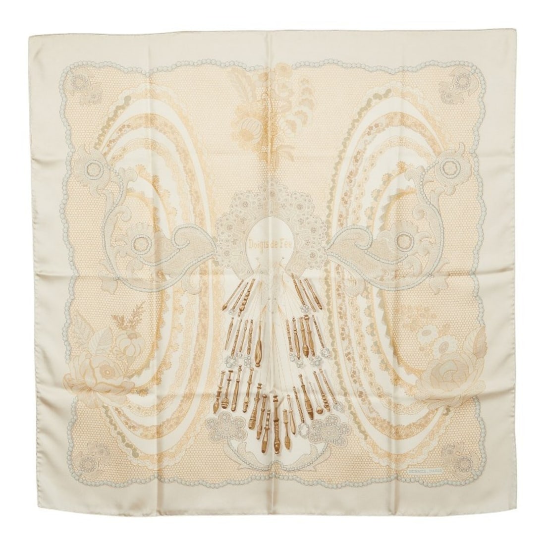 Hermes Carre 90 "Doigts de Fee" (Fairy Fingers) Scarf/Muffler, Large Size, Ivory Silk, Women's.: --- Catalog ---Category: SizeSize (LxW): 88cm x 90cm / 34.64'' x 35.43''Category: DesignType: ScarfColor: IvoryGender: WomenMaterial: Ivory Category: GeneralBrand: Hermes--- Item List ---Section: