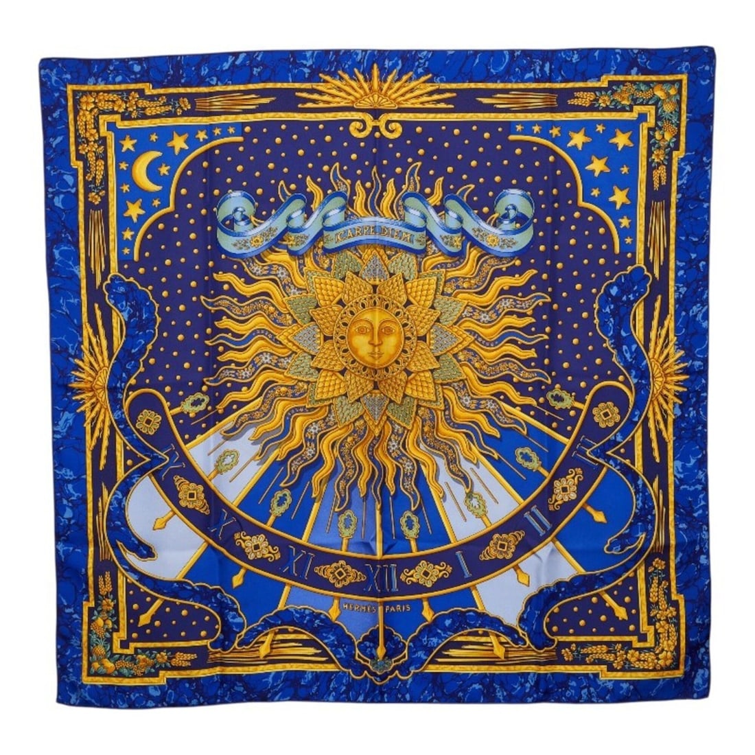 Hermes Carre 90 CARPE DIEM Enjoy Today Scarf Muffler Large Blue Silk Women's HERMES: --- Catalog ---Category: SizeSize (LxW): 86cm x 88cm / 33.85'' x 34.64''Category: DesignType: ScarfColor: BlueGender: WomenMaterial: Silk Category: GeneralBrand: Hermes--- Item List ---Section:
