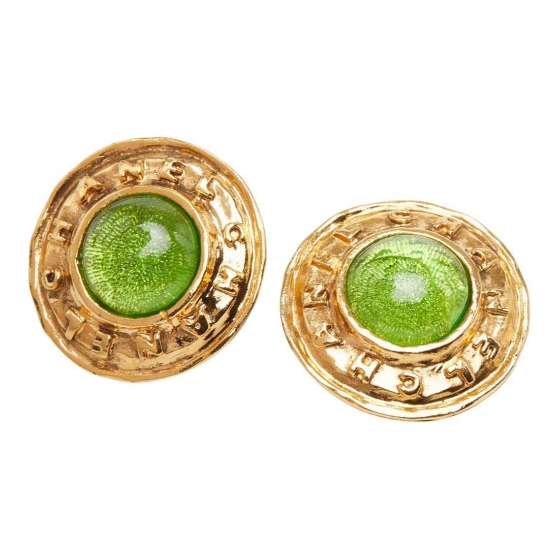 Chanel Gripoix Vintage Logo Round Earrings, 26 Stamped, Gold Green Plated Glass, Women's CHANEL: --- Catalog ---Category: SizeStone Size (HxW): 28.20mm x 28.20mm / 1.11'' x 1.11''Category: DesignColor: GreenGender: WomenMaterial: GlassCategory: GeneralBrand: Chanel--- Item List ---Section: Condit