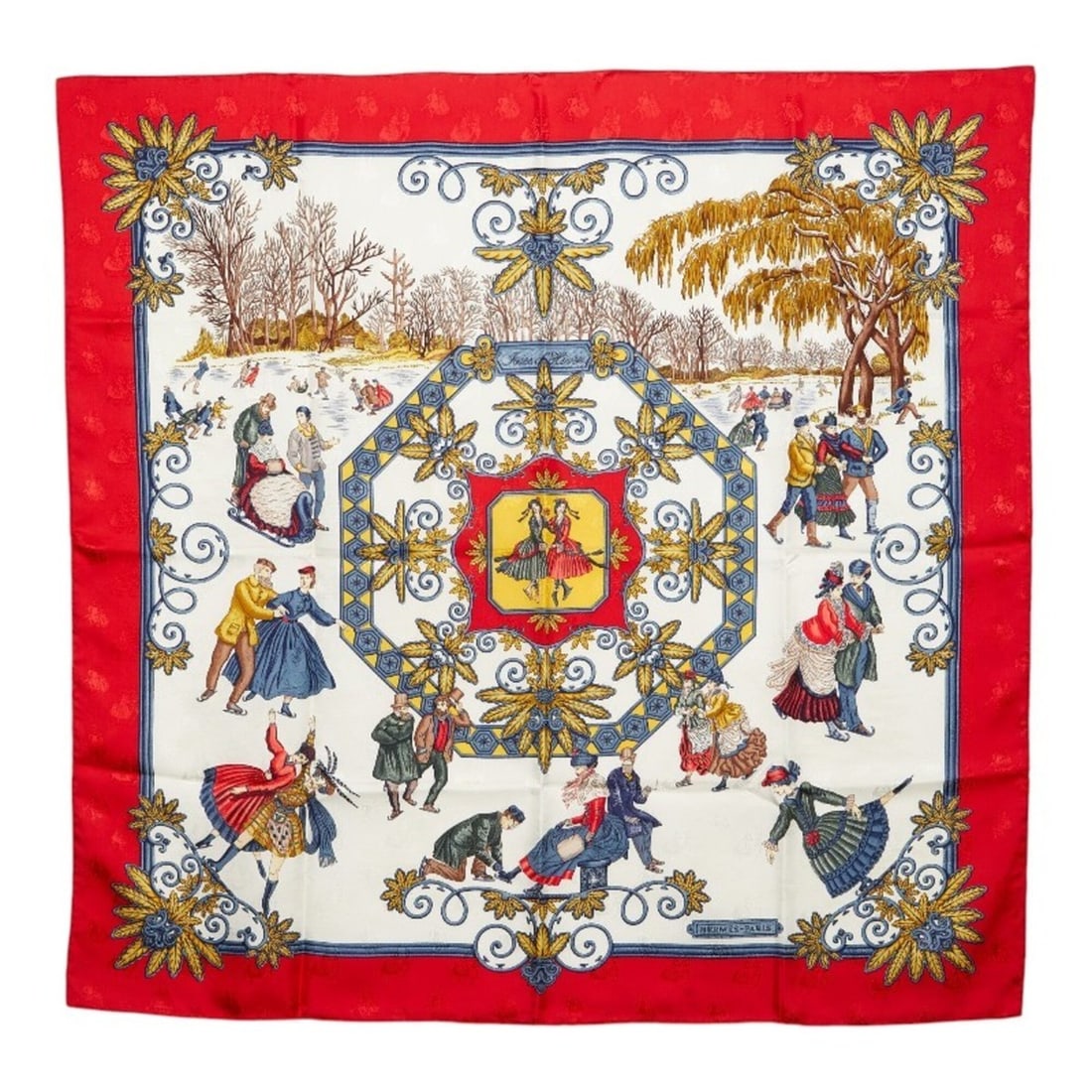 Hermes Carre 90 Joies d'Hiver Winter Pleasures Scarf/Muffler, Large Size, Red Tones, Silk, Women's: --- Catalog ---Category: SizeSize (LxW): 88cm x 90cm / 34.64'' x 35.43''Category: DesignType: ScarfColor: Red colorGender: WomenSeason: Fall/winterMaterial: Silk Category: GeneralBrand: Hermes--- Item