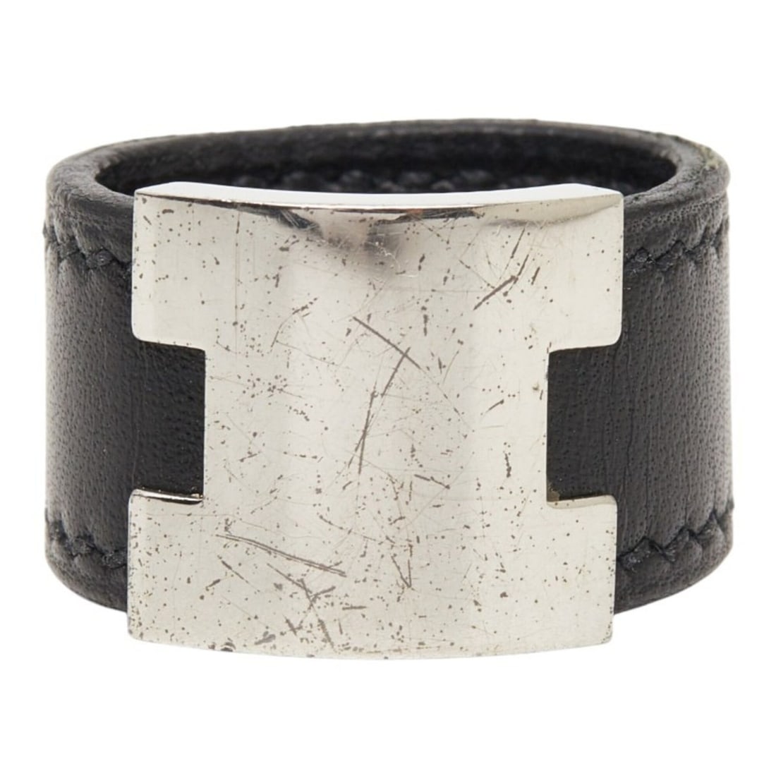 Hermes Roulie Ring, Black Silver Leather Metal, Women's Ring (1 of 14)