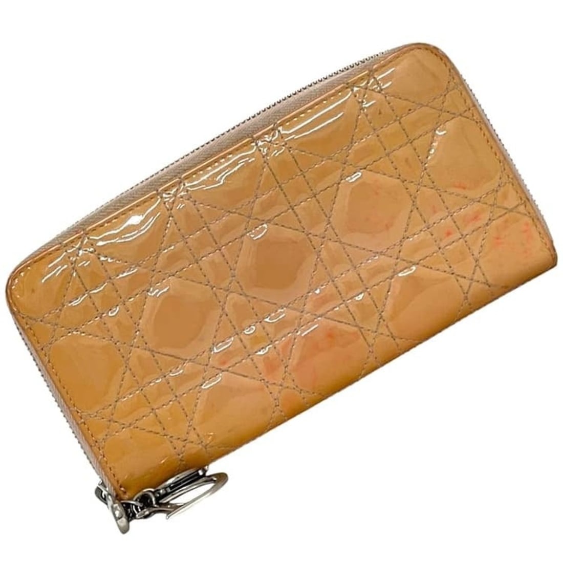 Christian Dior Round Long Wallet, Orange Beige, Lady Cannage S0007OVRB, Patent Enamel, 02-LU-0152: --- Catalog ---Category: SizeSize (HxWxD): 10.5cm x 19.5cm x 2cm / 4.13'' x 7.67'' x 0.78''Category: DesignType: Long wallet (bi-fold)Color: Beige, OrangeGender: WomenMaterial: Patent leather , Leathe
