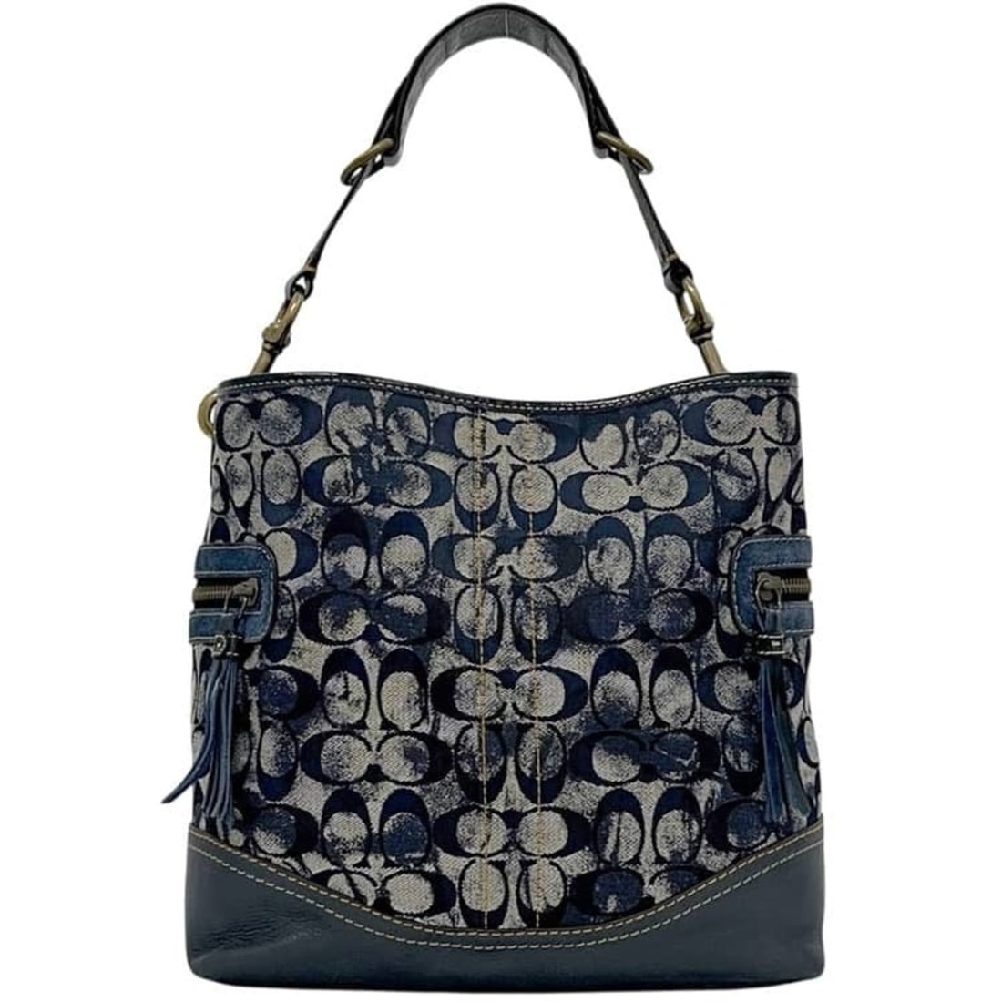 Coach bag, navy blue, signature pattern, 2183, leather and canvas.: --- Catalog ---Category: SizeSize (HxWxD): 27cm x 31cm x 13cm / 10.62'' x 12.2'' x 5.11''Category: DesignType: Shoulder bagColor: NavyGender: WomenMaterial: Leather , Canvas Category: GeneralMPN: 2183