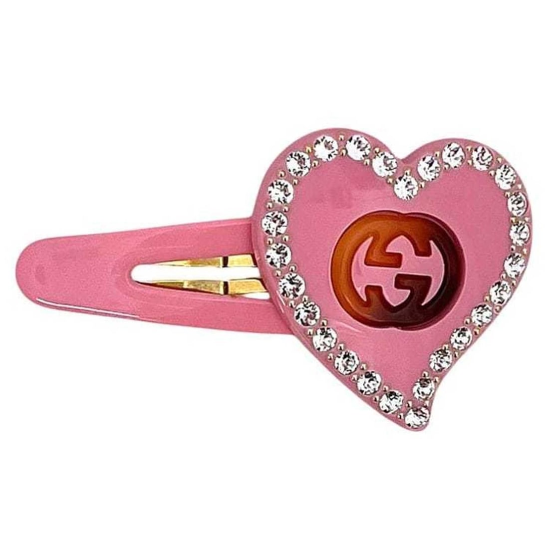 Gucci Hairpin, Pink Crystal Interlocking 679031 I9354, Unused, Heart Hair Clip, Plastic, GUCCI: --- Catalog ---Category: SizeSize (LxW): 3.9cm x 6.5cm / 1.53'' x 2.55''Category: DesignType: Hair pinColor: PinkGender: WomenMaterial: PlasticCategory: GeneralMPN: 679031 I9354Brand: Gucci--- Item Li