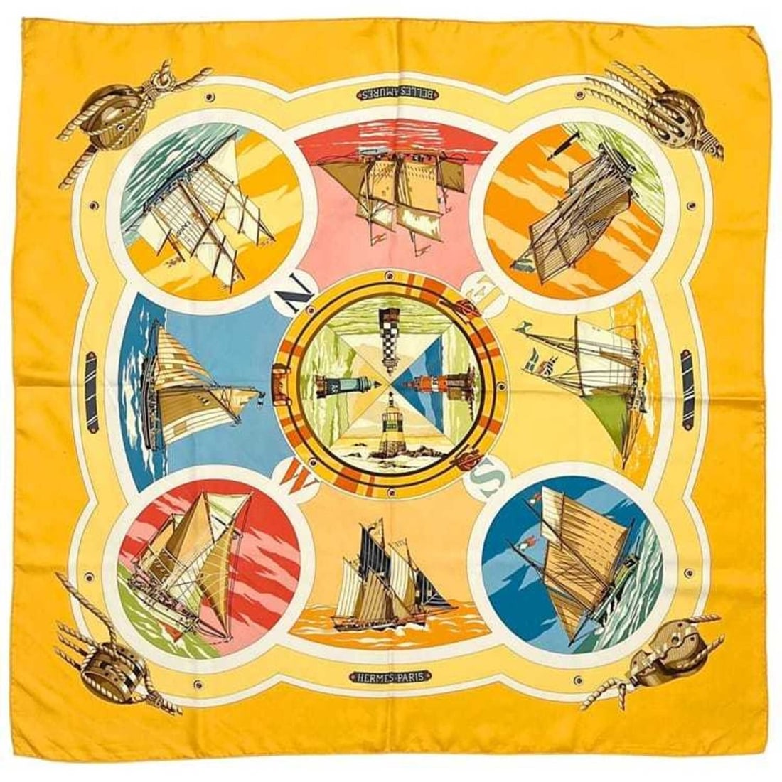 Hermes Scarf/Muffler, Carre 90, Yellow, BELLES AMURES (Aesthetics of Sails), Large Size, 100% Silk (1 of 9)