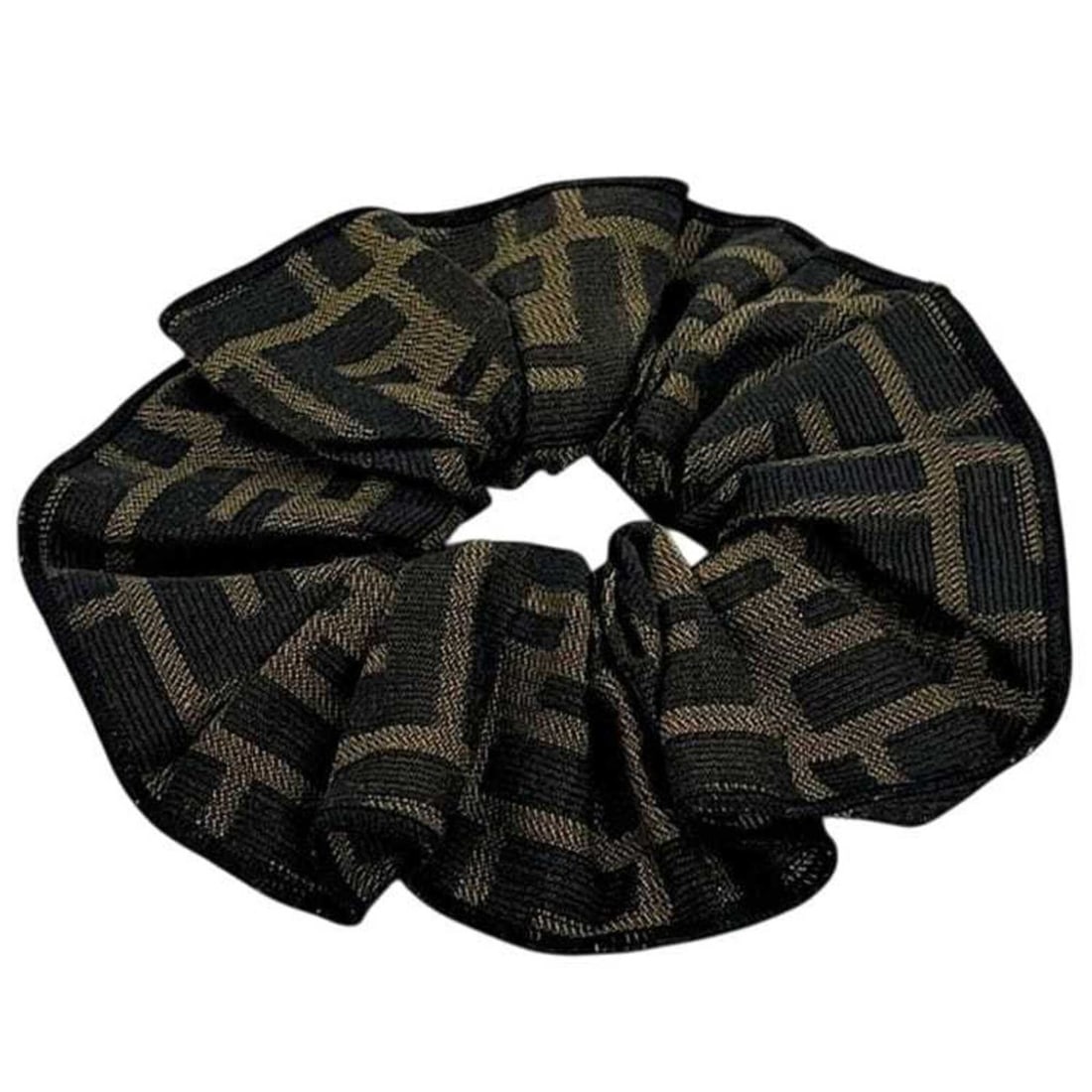 Fendi scrunchie, khaki green, dark Zucca pattern, canvas hair tie.: --- Catalog ---Category: SizeSize (LxW): 15cm x 2cm / 5.9'' x 0.78''Category: DesignType: ScrunchieColor: Green, KhakiGender: WomenMaterial: CanvasCategory: GeneralBrand: Fendi--- Item List ---Section