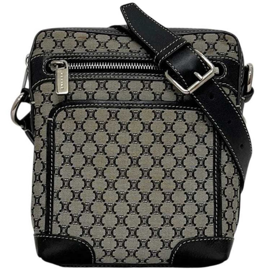 Celine shoulder bag, gray and black, Macadam pattern, crossbody, nylon leather, YS00/16 CELINE: --- Catalog ---Category: SizeSize (HxWxD): 20cm x 17cm x 6cm / 7.87'' x 6.69'' x 2.36''Category: DesignType: Shoulder bagColor: Black, GrayGender: WomenMaterial: Nylon , Leather Category: GeneralBrand