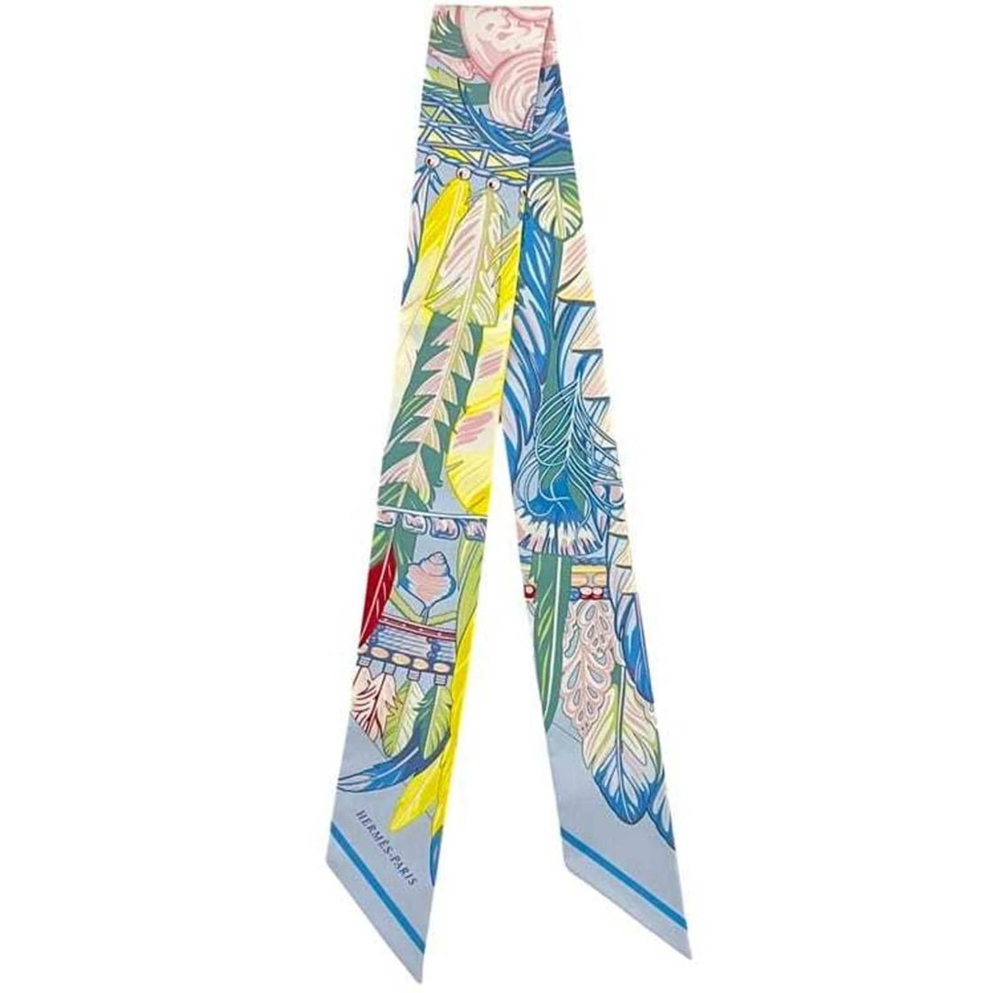Hermes Ribbon Scarf Muffler Twilly Light Blue Yellow Dance Pacific 100% Silk HERMES Multicolor: --- Catalog ---Category: SizeSize (LxW): 86cm x 5cm / 33.85'' x 1.96''Category: DesignType: ScarfColor: Light blue, Multi-color, YellowGender: WomenMaterial: Silk Category: GeneralBrand: Hermes--- Ite